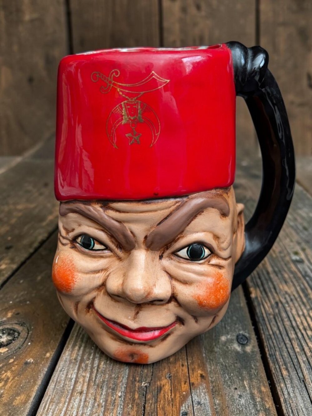 Vintage Handmade Shriners Ceramic Mug Red Fez Hat & Character Face Design
